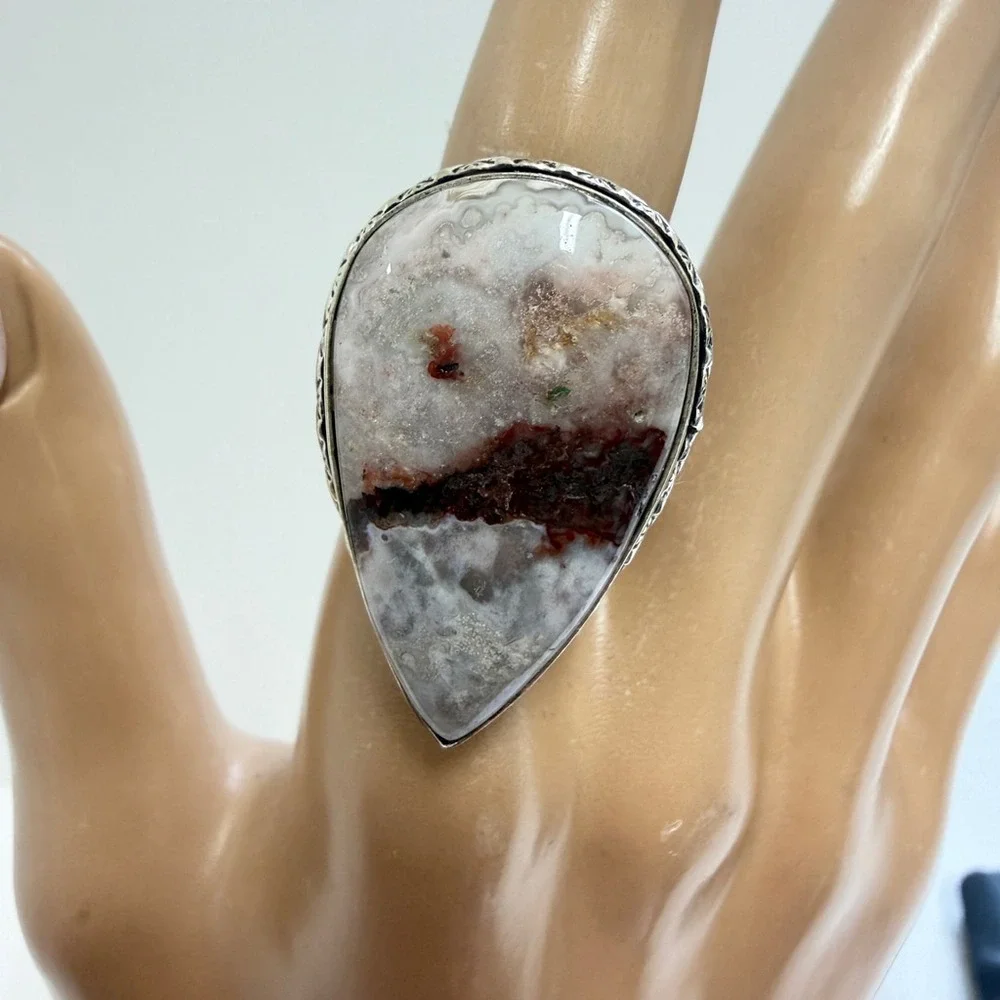 Hand Crafted Silver Plated Orca Agate Teardrop Statement Ring Size 6 Gift Box